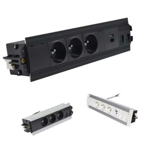 Врезной блок розеток в столешницу 3x220В + 2xUSB A+C + 2xKeystone для RJ45, черный, S485 Simon
