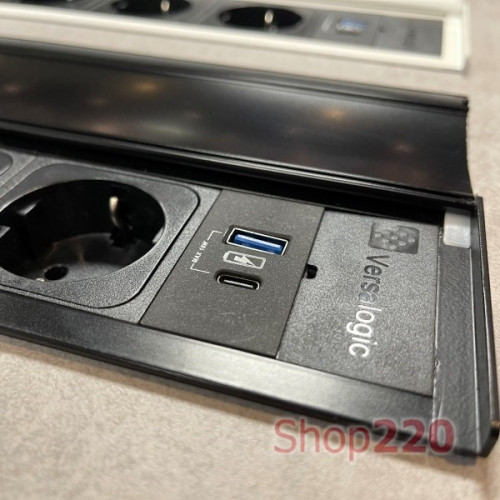 Блок розеток в стол 2х220В + USB тип А+С, черный, Versalid ASA 060.39F.00052