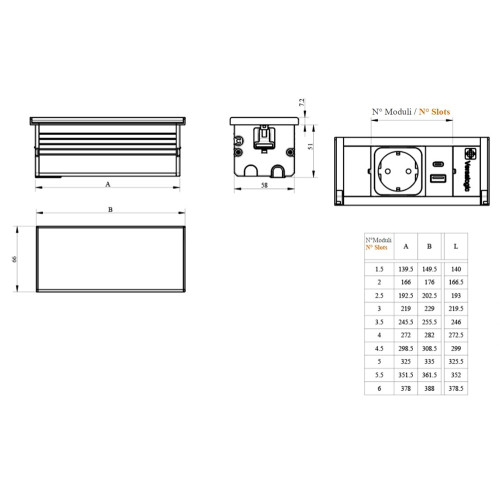 Блок розеток в стол 2х220В + USB тип А+С, черный, Versalid ASA 060.39F.00052