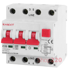 Трехфазный дифавтомат 25А, 30мА, кривая B, тип А, e.rcbo.pro.4.B25.30 Enext