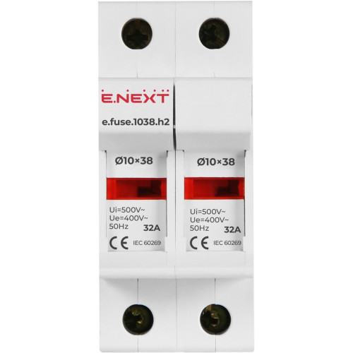 Держатель предохранителей 10х38 до 32А, 2 полюса, на дин-рейку, e.fuse.1038.h2 Enext i0300002