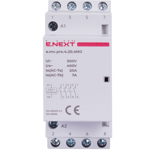 Модульный контактор 4р, 20А, 4NO, 220В, e.mc.pro.4.20.4NO Enext p005219