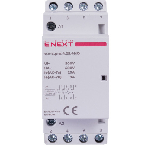 Модульный контактор 4р, 25А, 4NO, 220В, e.mc.pro.4.25.4NO Enext p005205