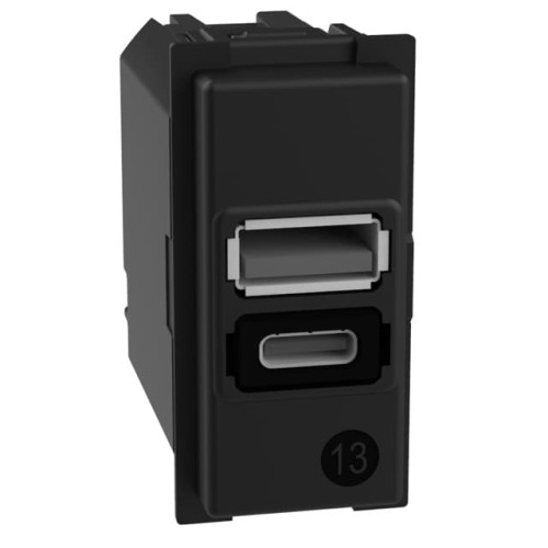 Розетка USB на 2 разъёма тип - A/C 15 Вт/3000мА 1 модуль, черный, Bticino Living Now