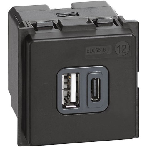 Розетка USB на 2 разъёма тип - A/тип - C 3000мА 2 модуля, песочный, Bticino Living Now