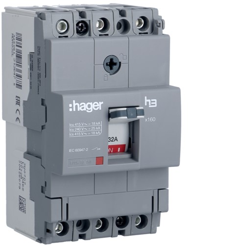 Автоматический выключатель x160, In=32А, 3п, 18kA, Тффикс./Мффикс. Hager HDA032L