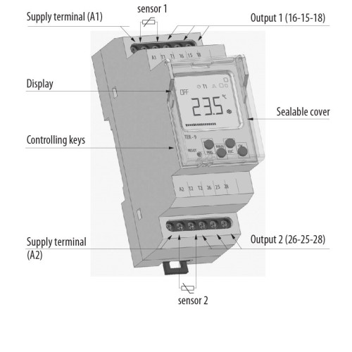 Многофункциональный цифровой термостат+цифровой таймер TER-9 230V (2x8_AC1) ETI 2471824