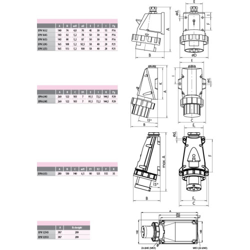 Вилка настенная 63A, 400V, 3P+N+PE, IP67 EPH-6353 ETI 4482073