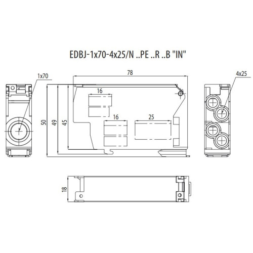 Распределительный блок 192A, IN: 1x70, OUT: 4x25, синий, EDBJ-1x70-4x25/N ETI 1102435