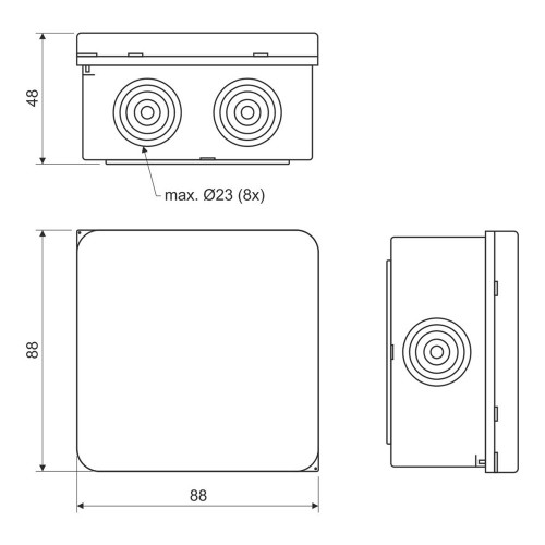 Коробка, IP 65 для наружного монтажа; размеры 88х88х48мм 003.CS.K_KB