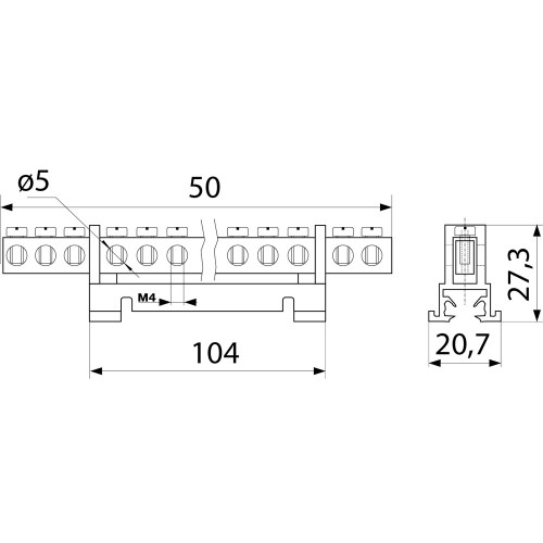 Нулевая шина 6х9 с изолятором на din-рейку 15 отв., BC-515 A0150120036