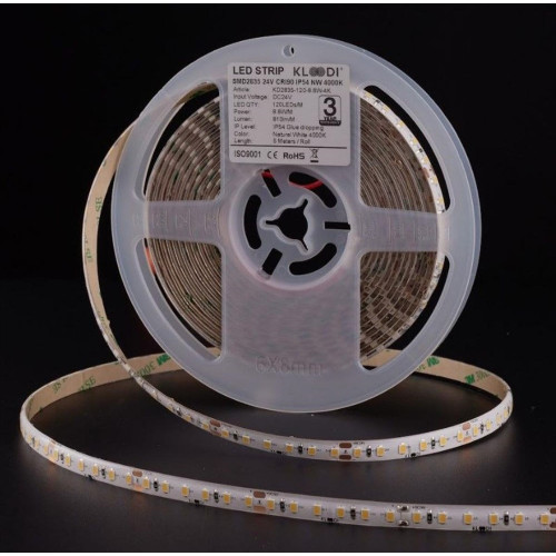 Влагозащищенная светодиодная лента 8,6W 120LED 4000K 810LM RA90 24V IP54, KLOODI KLOODI_KD2835-120-8.6W-4К-24V IP54