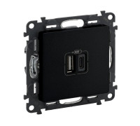 Розетка с двумя USB-разъемами тип A+ тип C, 240V/5V 3000мА, черный матовый, Valena Life