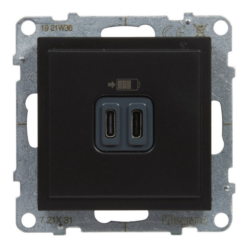Розетка USB Тип С+C, 15 Вт 5В, черный, Suno Legrand 721431