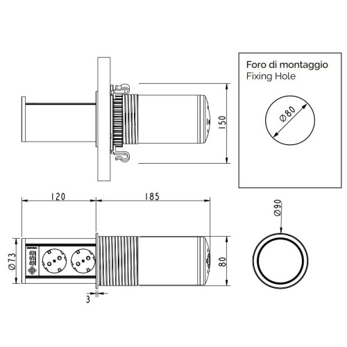 Выдвижной блок розеток 2х220В + USB тип A+C + беспроводная зарядка, черный, Versalift ASA 060.47F.00115