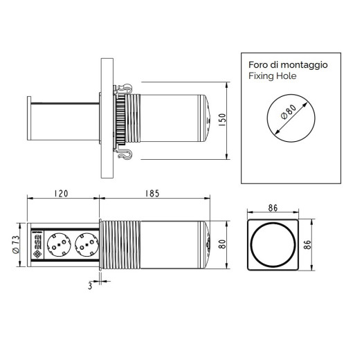 Выдвижной блок розеток 2х220В + USB тип A+C + беспроводная зарядка, черный, Versalift ASA 060.47F.00015
