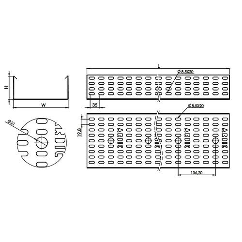 Лоток перфорированный 500х100 мм, оцинкованный, серия STANDART A50-10AG-10