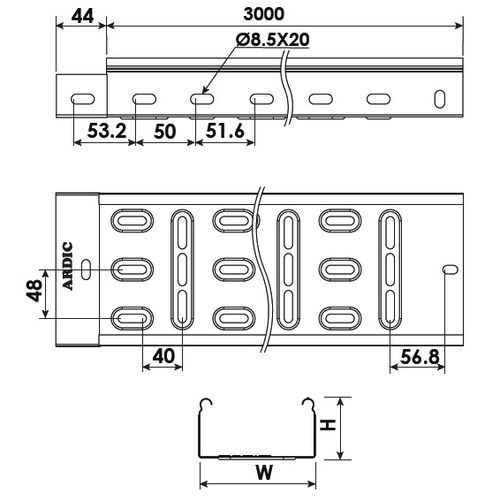 Лоток перфорированный 100х50 мм, оцинкованный, серия STANDART AMF 10-05-S
