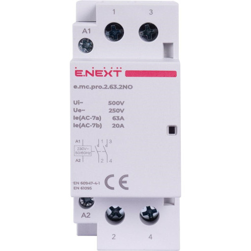 Модульный контактор 63А 2р 2NO, катушка 24В, e.mc.pro.2.63.2NO.24DC ENEXT p005318