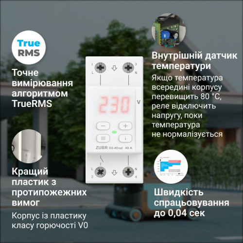 Реле напряжения Зубр 50А с термозащитой, 2 модуля, Zubr D2-50 RED