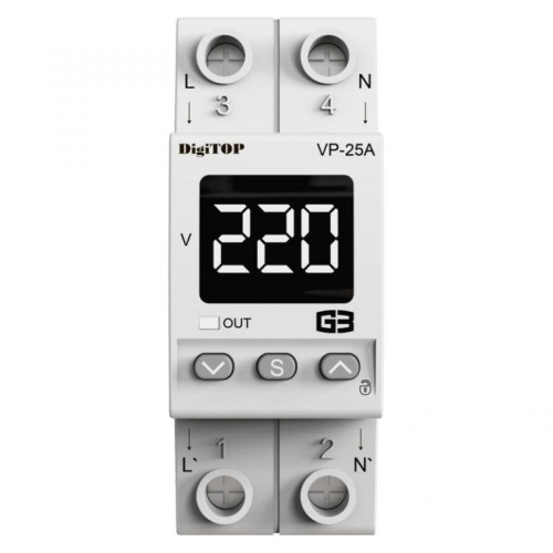 Реле напряжения 25А в компактном корпусе, белая индикация, VP-25A M2W DigiTop