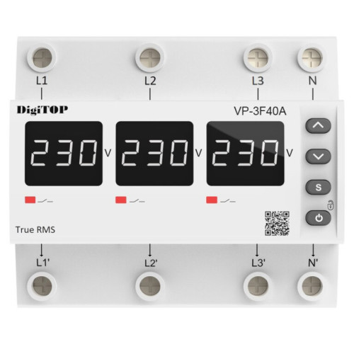 Реле напряжения 40А трехфазное, белая индикация, VP-3F40A M6W DigiTop