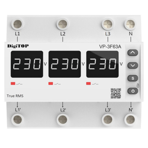 Реле напряжения 63А трехфазное, белая индикация, VP-3F63A M6W DigiTop