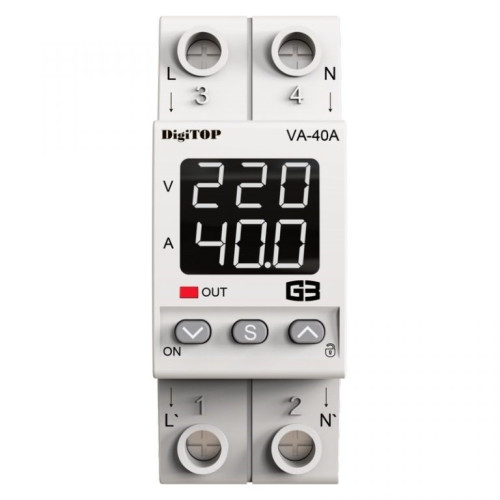 Реле напряжения с контролем тока 40А, белая индикация, VA-40A M2W DigiTop