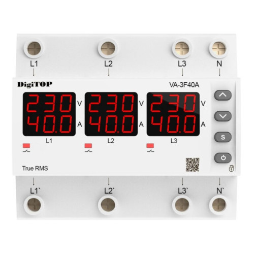 Реле напряжения с контролем тока 40А трехфазное, VA-3F40A M6R DigiTop