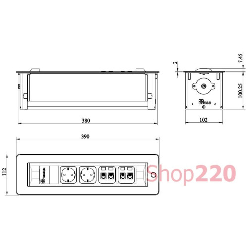 Вращающийся блок розеток 3х220В + USB тип С + С (47Вт), черное стекло, Versaturn ASA 060.24F.00071