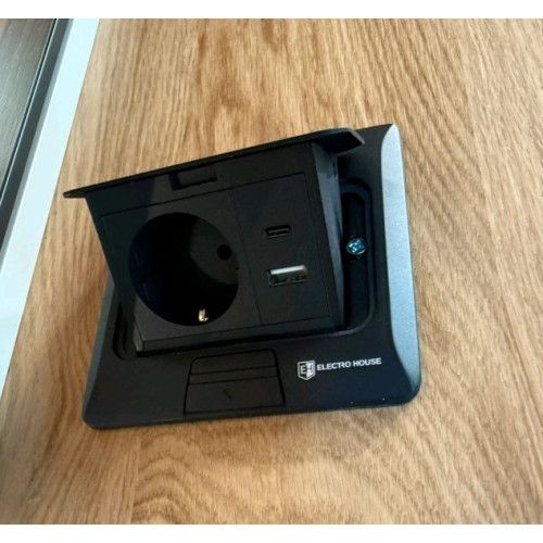 Лючок 220В + USB А+С, черный, IP44, ElectroHouse EH-F011