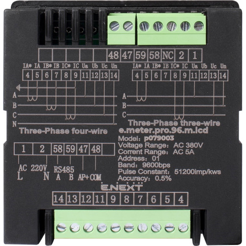 Анализатор параметров сети 96х96мм, АС 230В, 5А, 0-450В, RS-485, LCD, e.meter.pro.96.m.lcd ENEXT p079003