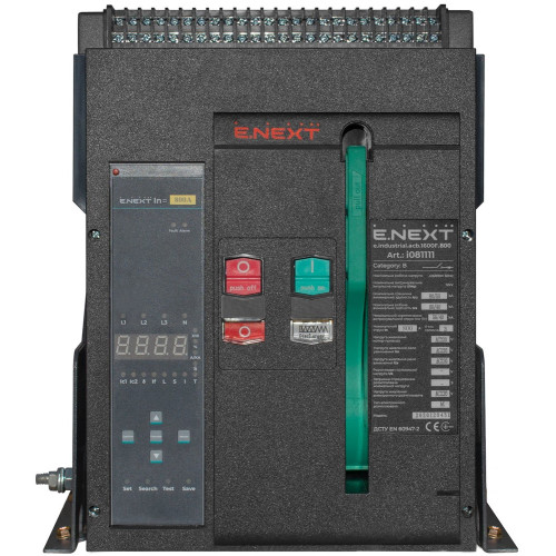 Воздушный автоматический выключатель стационарный, 0,4кВ, 3Р, электронный расцепитель, мотор-привод и РН, e.industrial.acb.1600F.800 Enext i081111