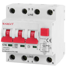 Трехфазный дифавтомат 16А, 100мА, кривая С, тип А, e.rcbo.pro.4.C16.100 Enext