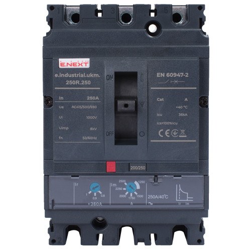 Силовой автоматический выключатель с регулировкой 250А, 3р, e.industrial.ukm.250R.250 ENEXT i091009