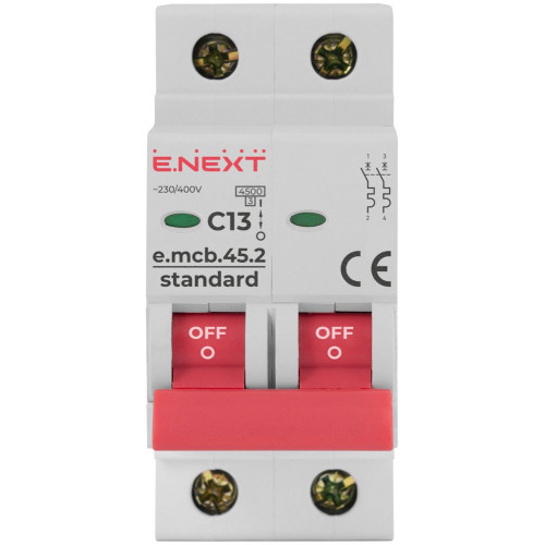 Модульный автоматический выключатель 2р, 13А, C, 4,5 кА, e.mcb.stand.45.2.C13 Enext s002058