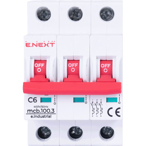 Автомат 6 А, 3-фазный, тип С, e.industrial.mcb.100.3.C6 Enext i0180019