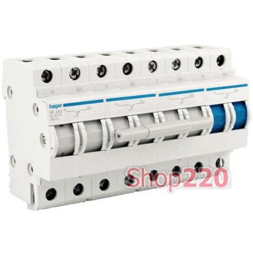 Переключатель I-0-II трехпозиционный 3 полюса + N, 63 А, SF463 Hager