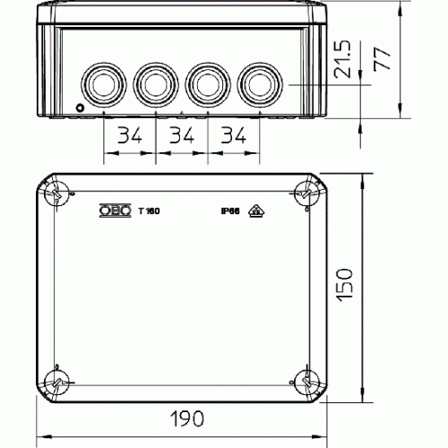 Распределительная коробка Т160 наружная 190х150х77 мм, ІР66, 2007093 OBO Bettermann