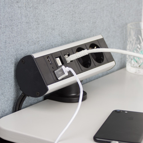 Блок розеток на стол 220В + USB + RJ45, алюминий/черный, Axessline Desk Kondator