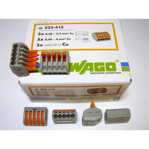 Самозажимной клеммник Wago на 5 проводов, 222-415