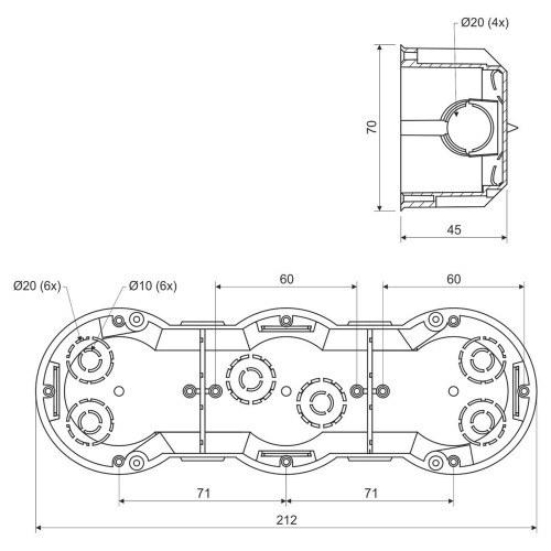 Подрозетник строенный в сплошные стены, KP 64/3 Kopos
