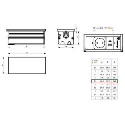 Блок розеток в стол 3х220В + USB тип А+С, черный, Versalid ASA 060.39F.00011