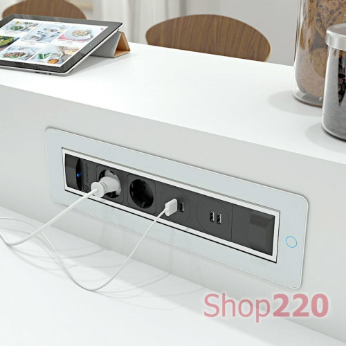 Вращающийся блок розеток 3х220В + USB тип А + С, белое стекло, Versaturn ASA 060.24F.00032