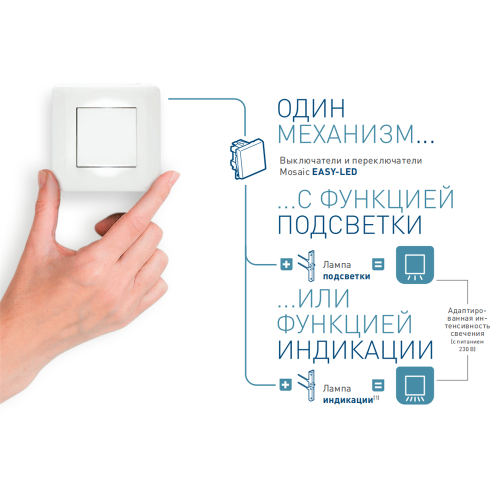Выключатель двухполюсный EASY-LED, белый, 2 мод., Mosaic New Legrand 077050L