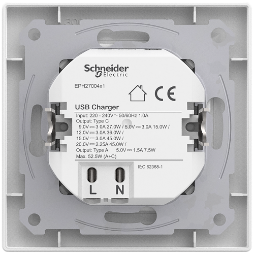 USB розетка тип А+С 3А 45Вт, белый, EPH2700421 Schneider Electric Asfora
