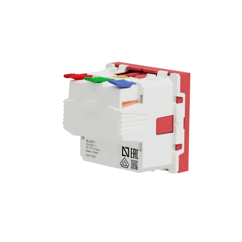 Розетка с заземлением и шторками, красный, 2 модуля, Unica New Schneider NU305703