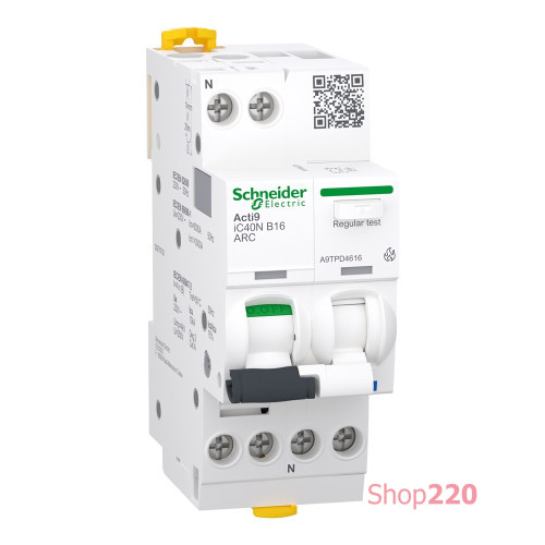 Устройство защиты от дугового пробоя 16A B 6kA, 1P+N, AFDD+AB iC40N ARC Acti9 A9TPD4616