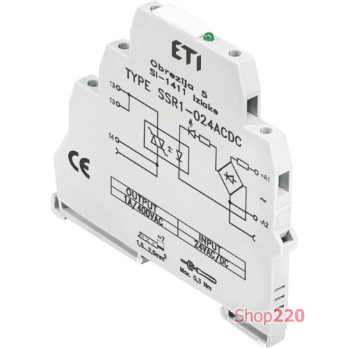 Реле интерфейсное SSR1-230 ACDC (тиристорное, 1NO, 1.2A AC1, 400V AC) ETI 2473051