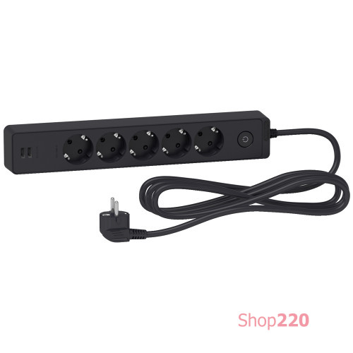 Удлинитель на 5 розеток + USB, шнур 3м, черный, Unica Extend ST945U3B Schneider
